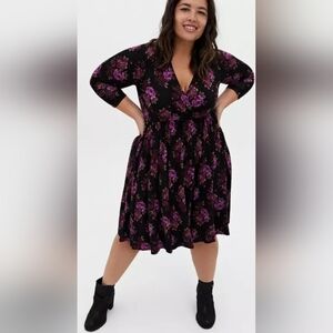 Torrid Super Soft Black & Purple Floral Surplice Skater Dress, BNWT, Size 0/L